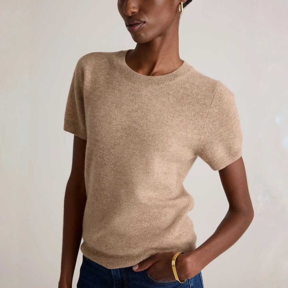 Quince Mongolian Cashmere Tee Oatmeal Heather Short Sleeve Sweater Size L
